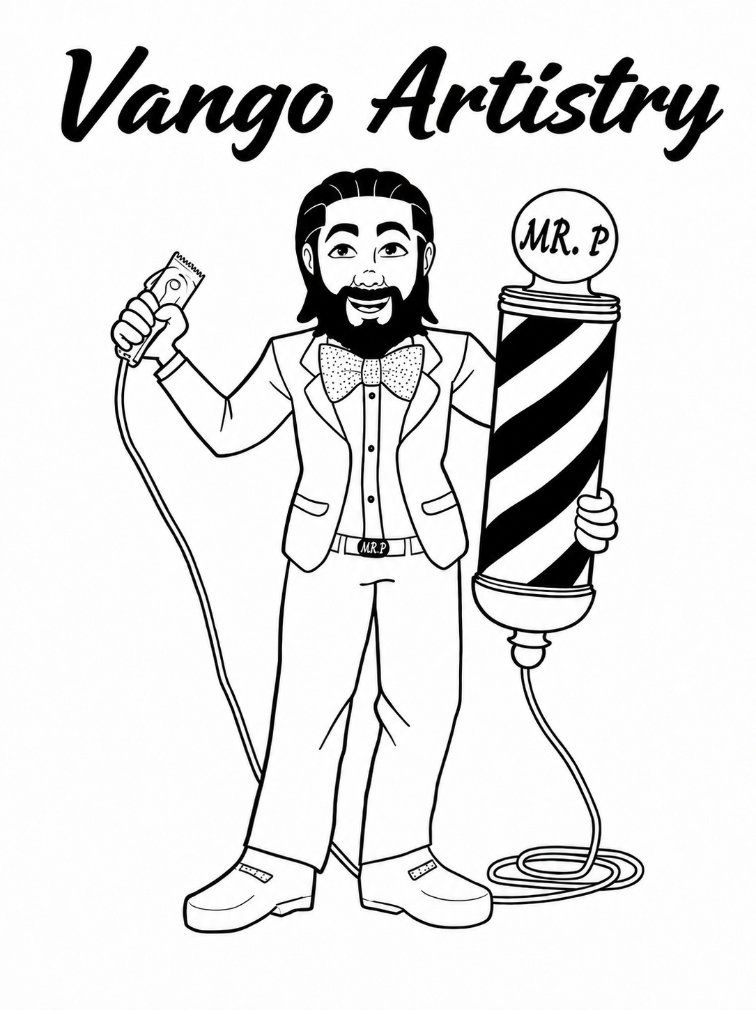 Illustration of Mr. P in a white suit holding clippers and a barber pole