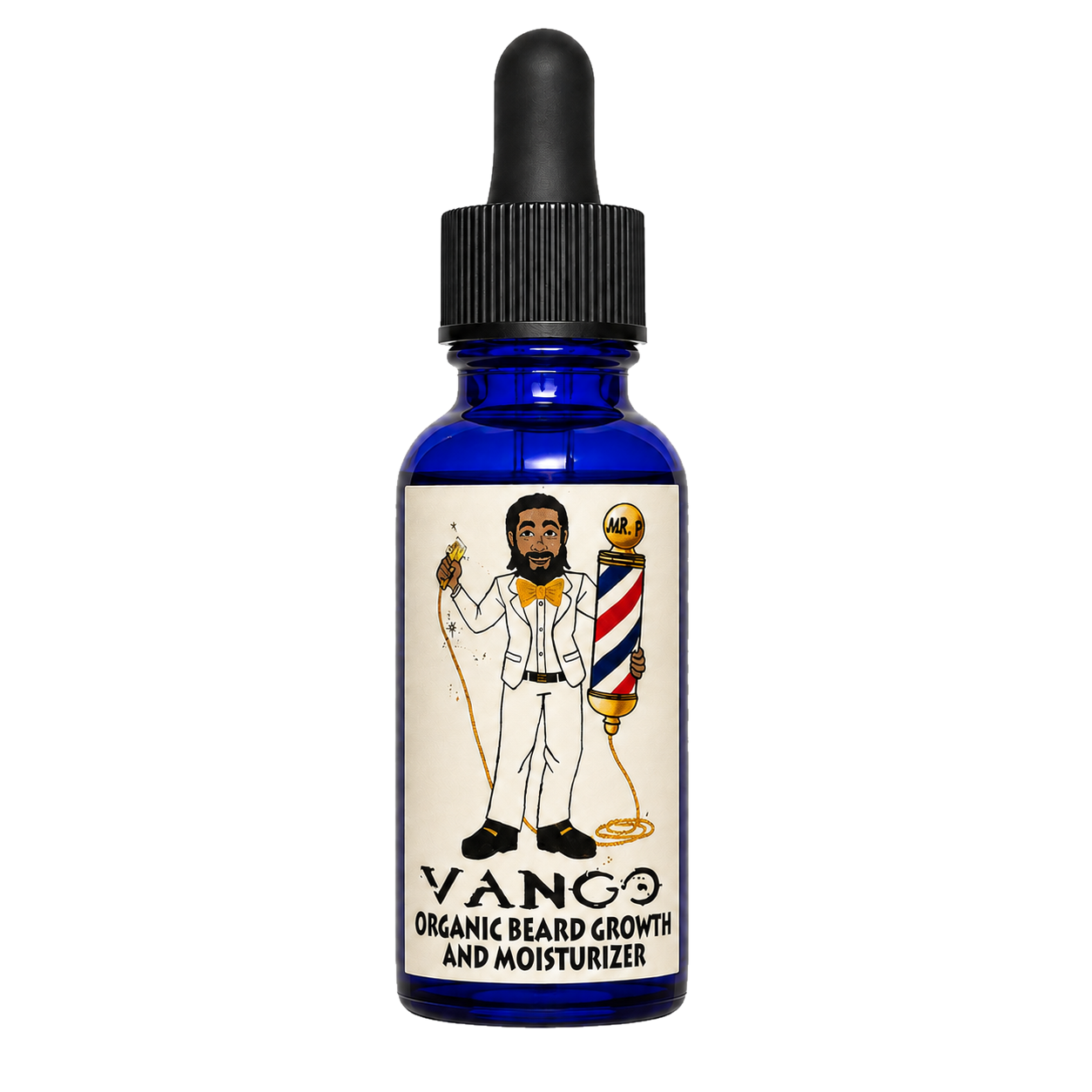 Vango organic beard growth and moisturizer oil bottle with the Mr. P label