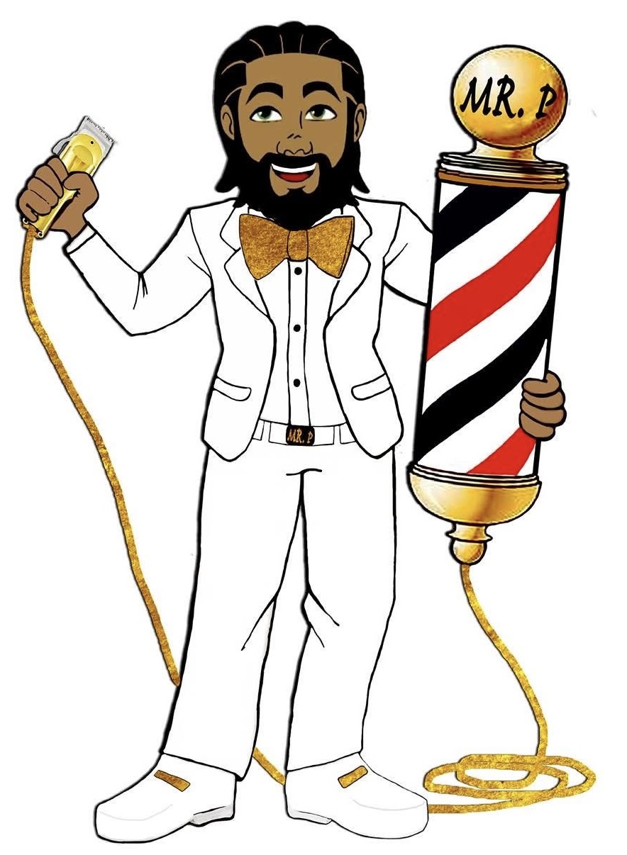 Illustration of Mr. P in a white suit holding clippers and a barber pole
